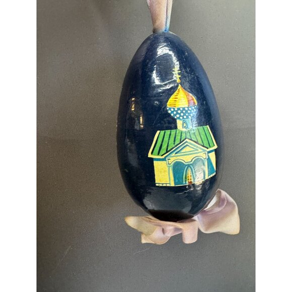 Vintage Russian Egg Ornament Hand Painted Paper Mache Winter Church Christmas 4" - Picture 5 of 8